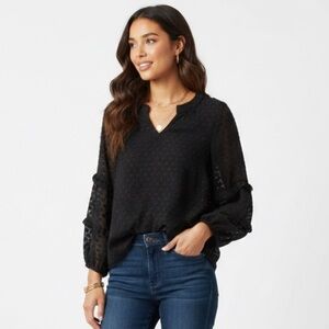 JODIFL NWT Black Clip Dot Ruffle Blouse • Romantic Boho Chic Tiered Sleeve Top S